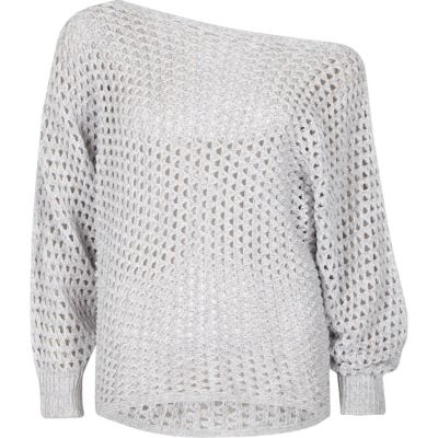 Grey mesh knit off shoulder batwing jumper